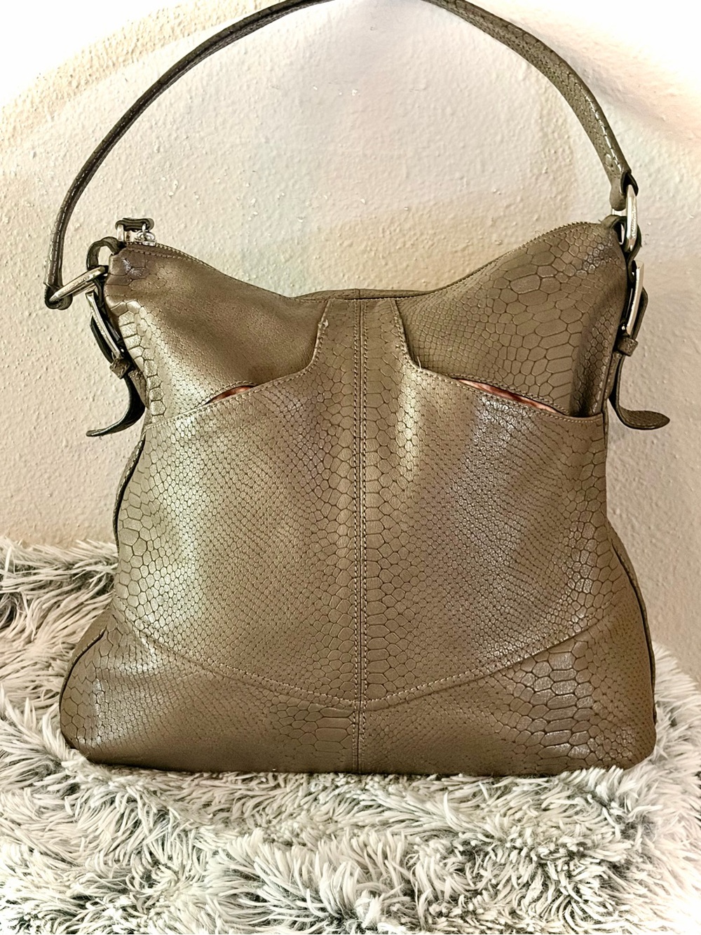 Vintage B Makowsky Taupe Snake Print Leather Hobo Bag